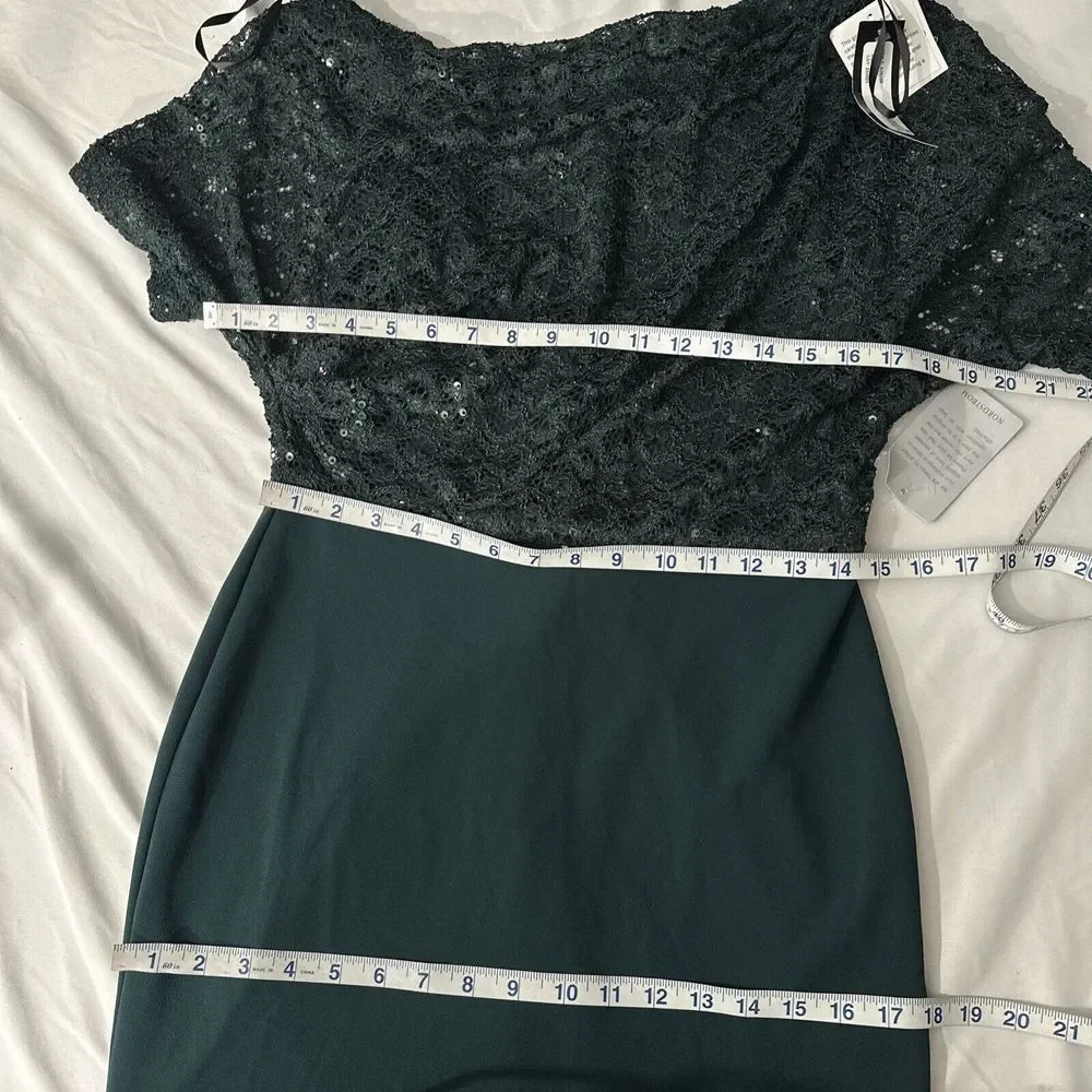 NWT $269 Betsy & Adam [ 8 ] One-Shoulder Sequin Lace Mixed Media Gown Pine Green